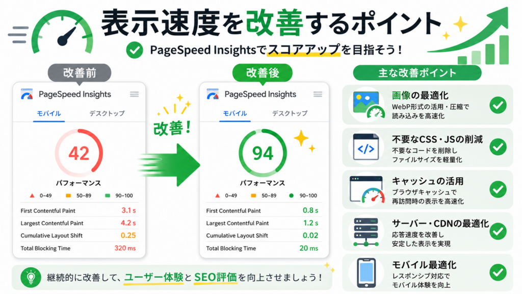 Webサイト 表示速度 改善 PageSpeed Insights スコアアップの方法